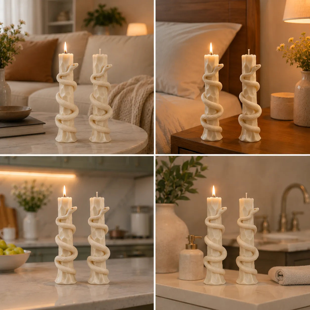 Collage of spiral candle holders in various home settings.