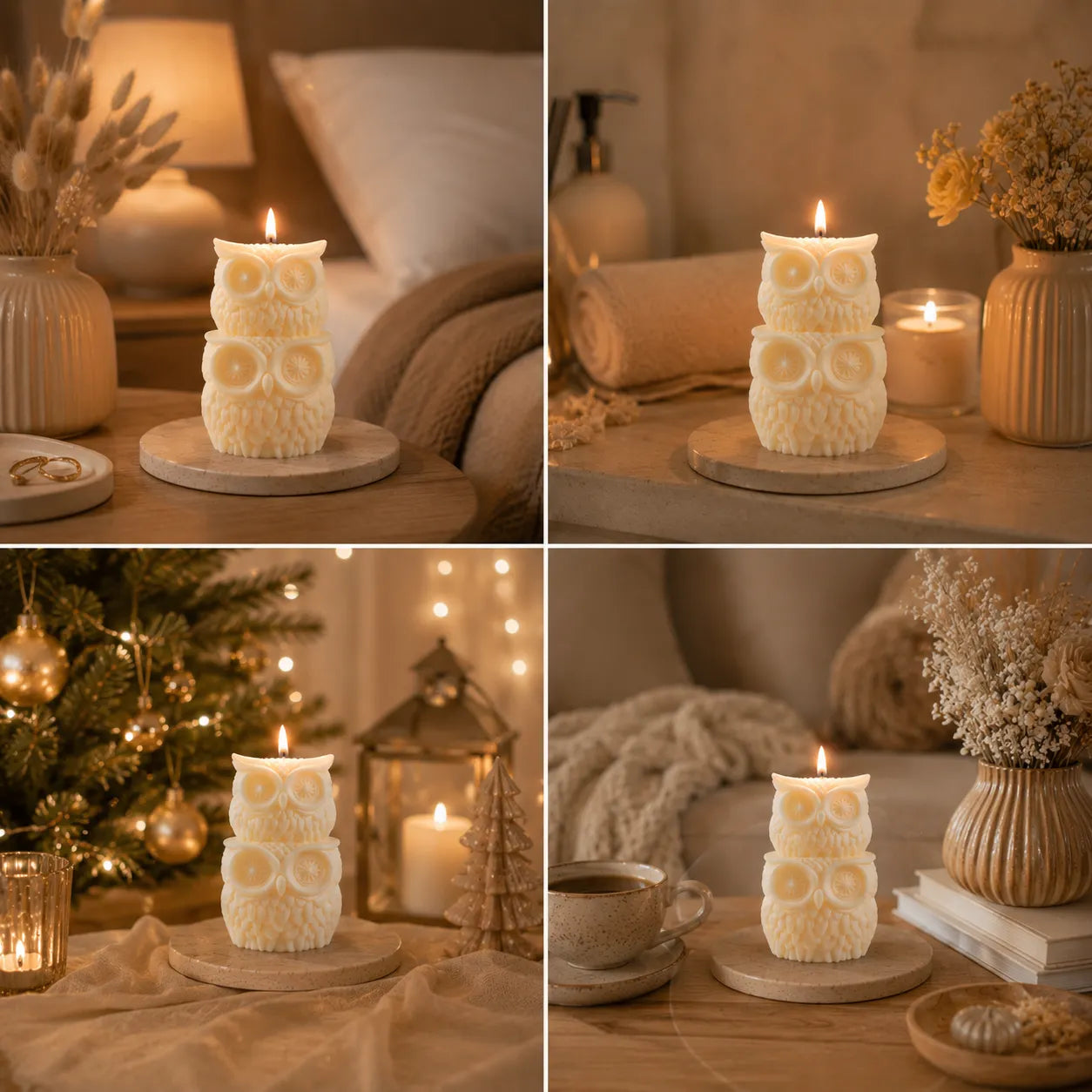 Collage of owl-shaped candles in various settings with warm lighting.