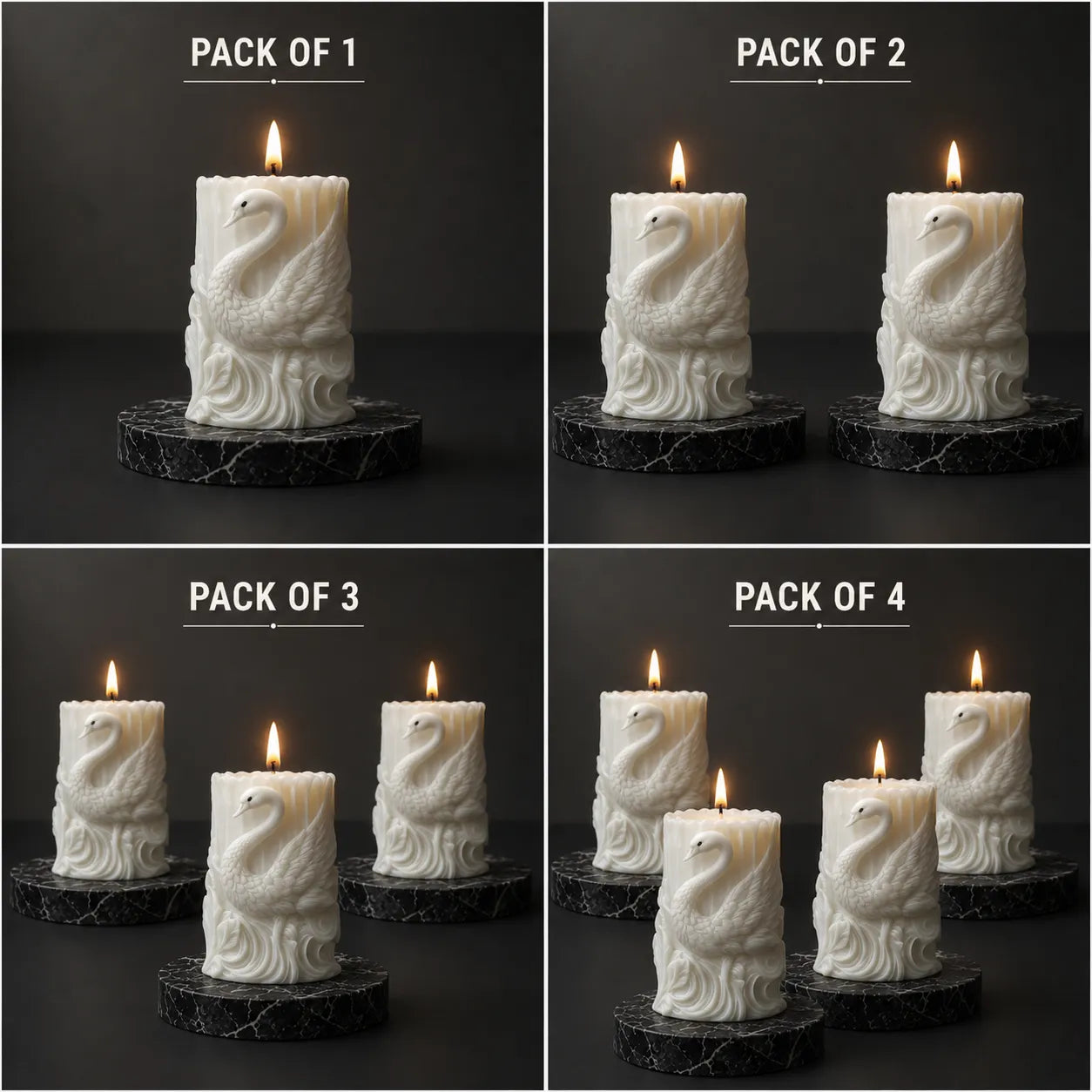 Collage of candle packaging with increasing number of candles per pack on a dark background