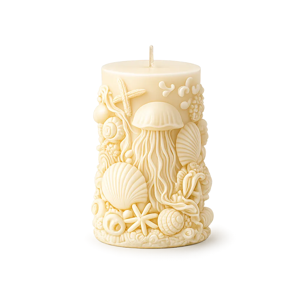 Decorative candle with sea-themed embossed design on a white background