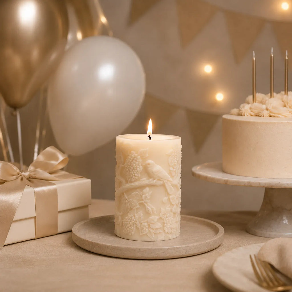 Decorative candle with bird design on a table with balloons, gift, and cake in the background.