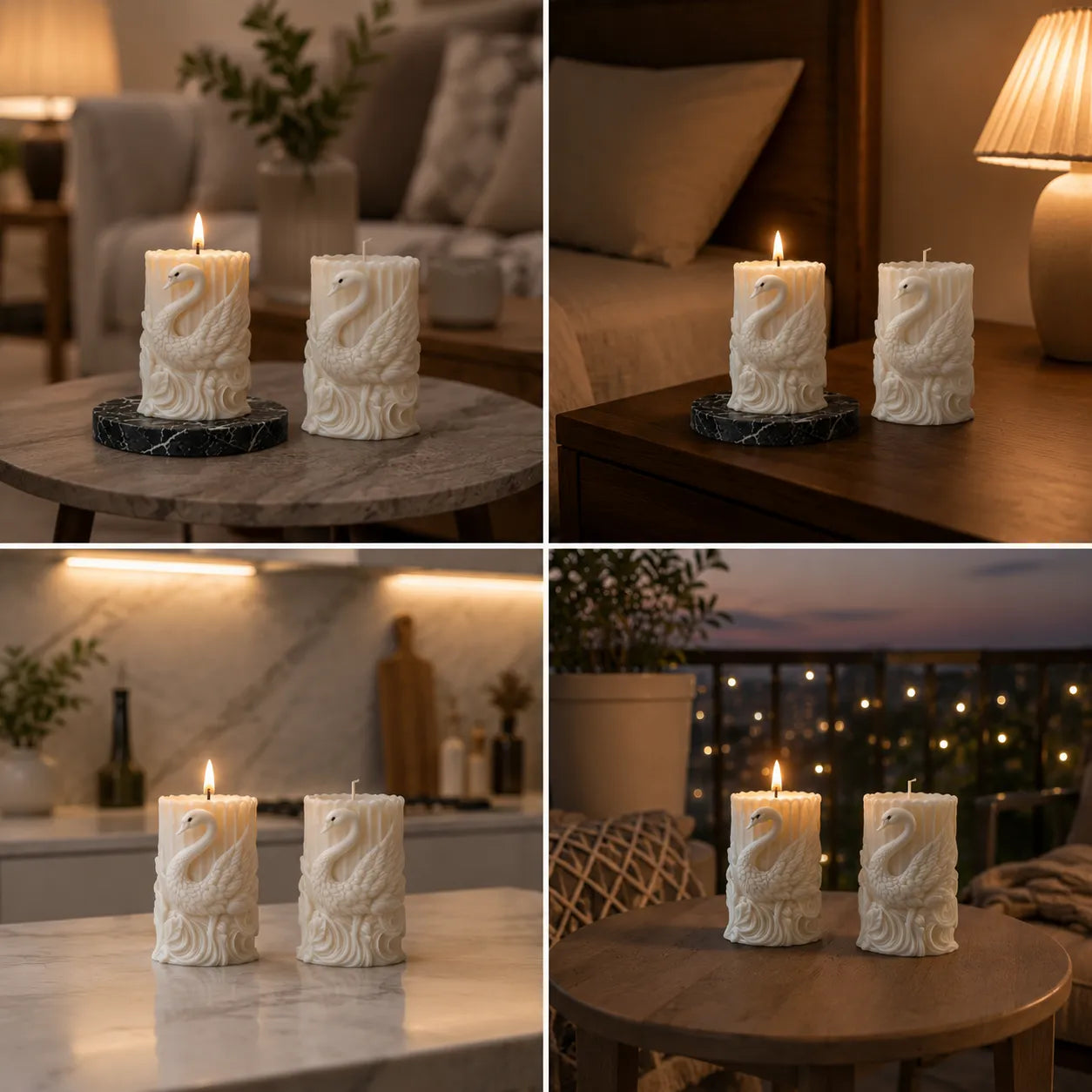 Collage of candle holders with swan designs in various settings.