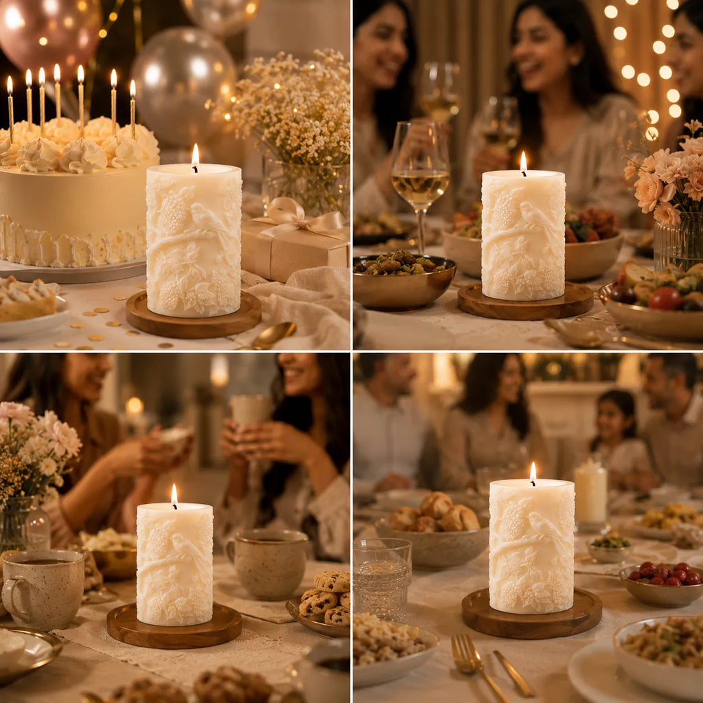 Collage of a candlelit table setting with a decorative candle, people enjoying a meal, and a family gathered around.