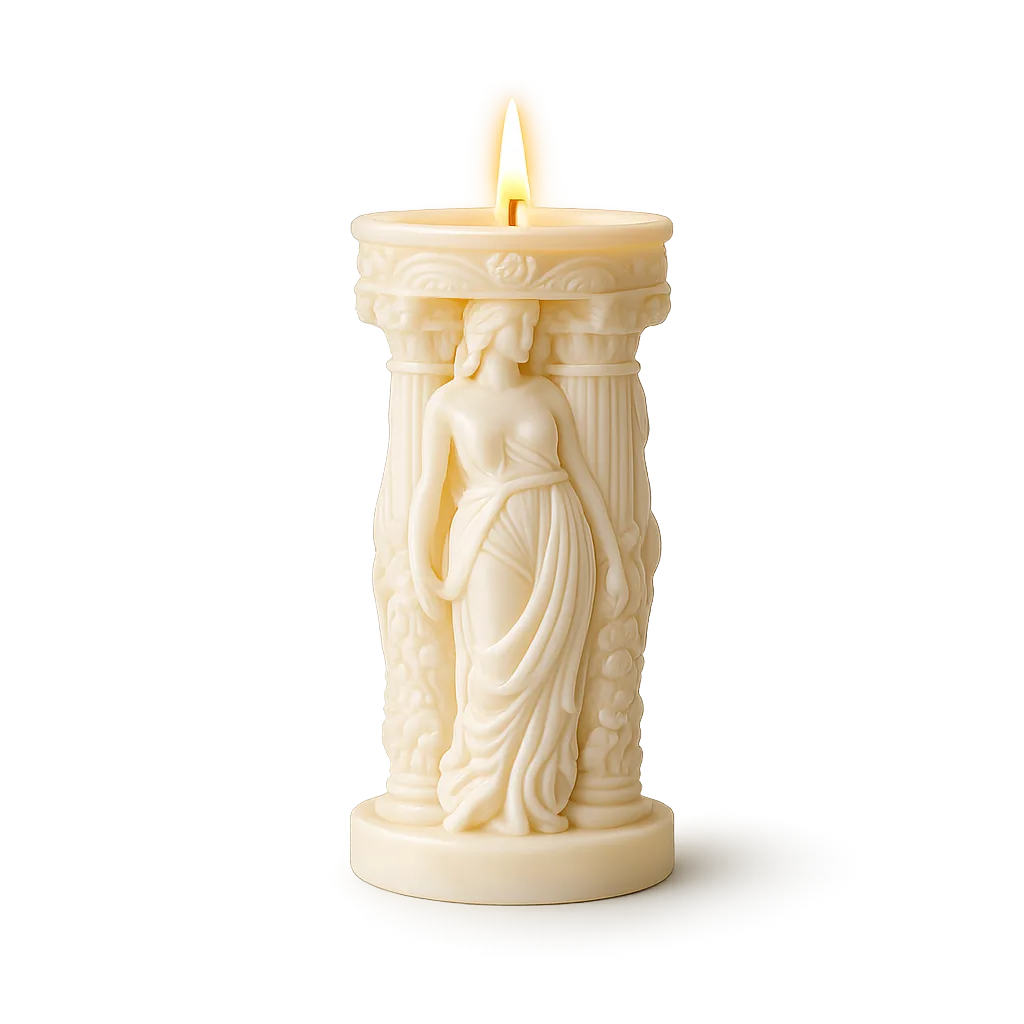 Decorative candle with a figurine design on a white background