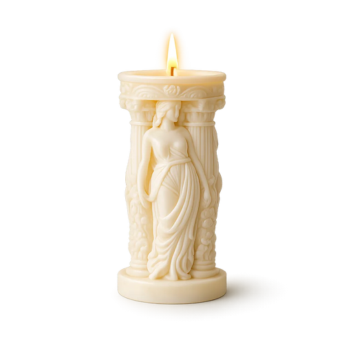 Decorative candle with a figurine design on a white background