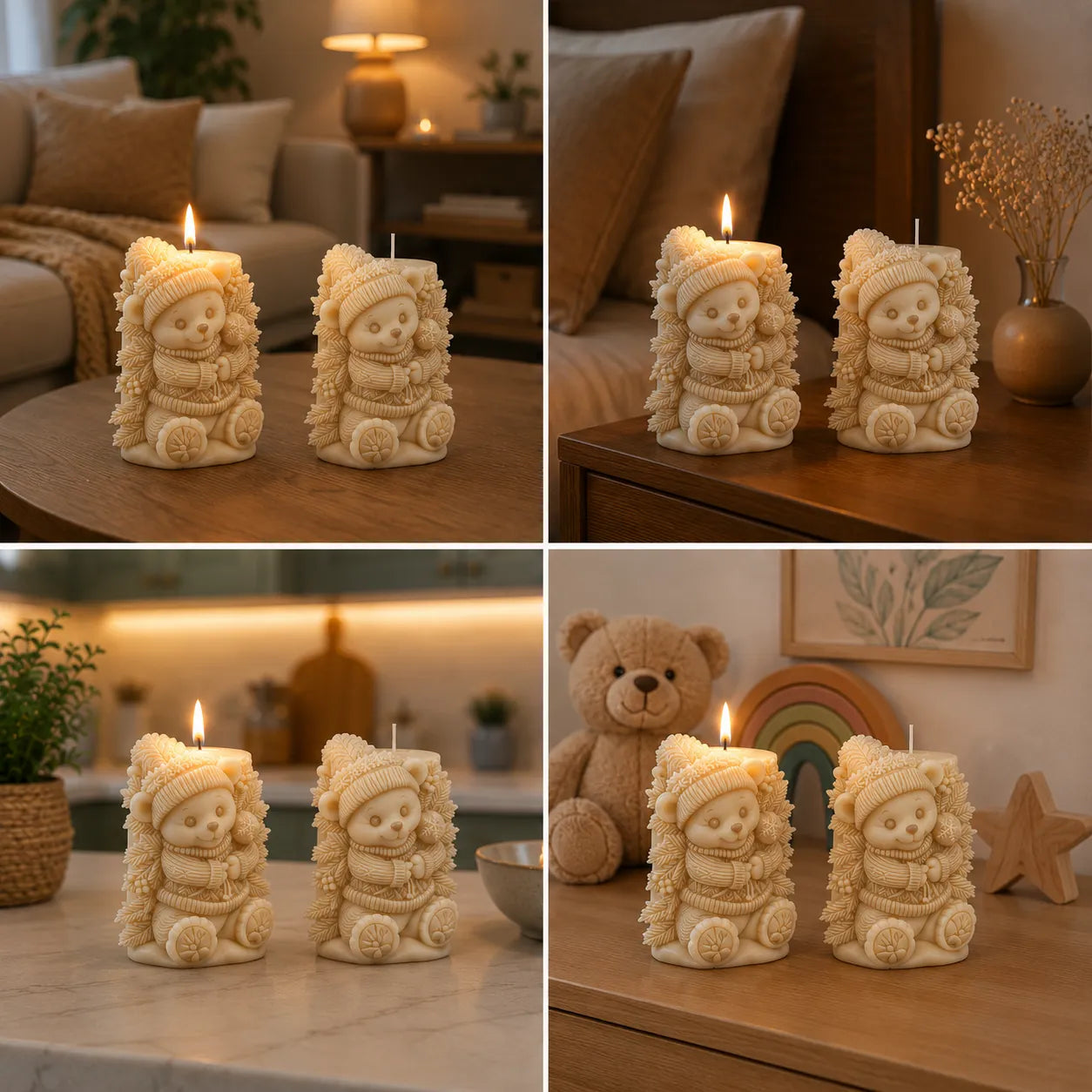 Two hedgehog-shaped candles on a wooden surface with a cozy indoor setting.