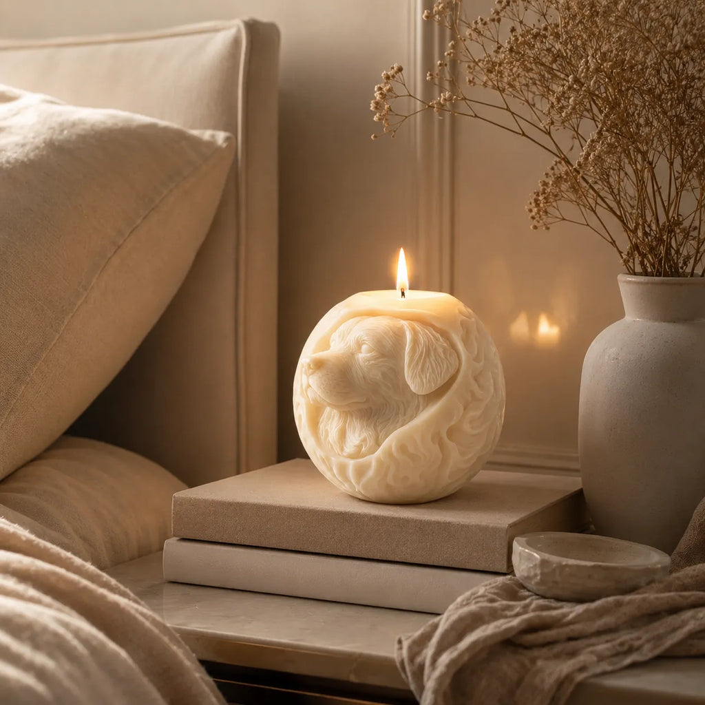Decorative candle shaped like a dog's head on a table with soft lighting