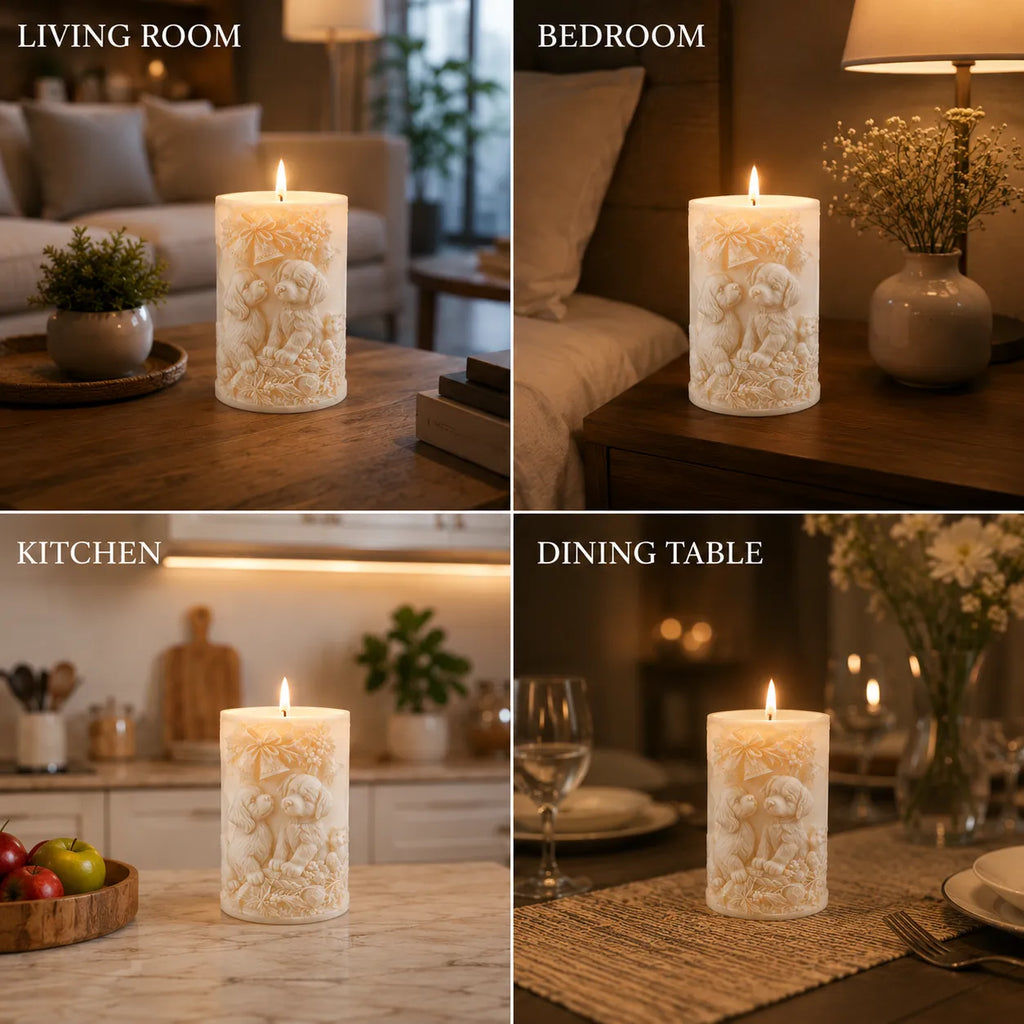 Decorative candle with intricate design in various settings including living room, bedroom, kitchen, and dining table.