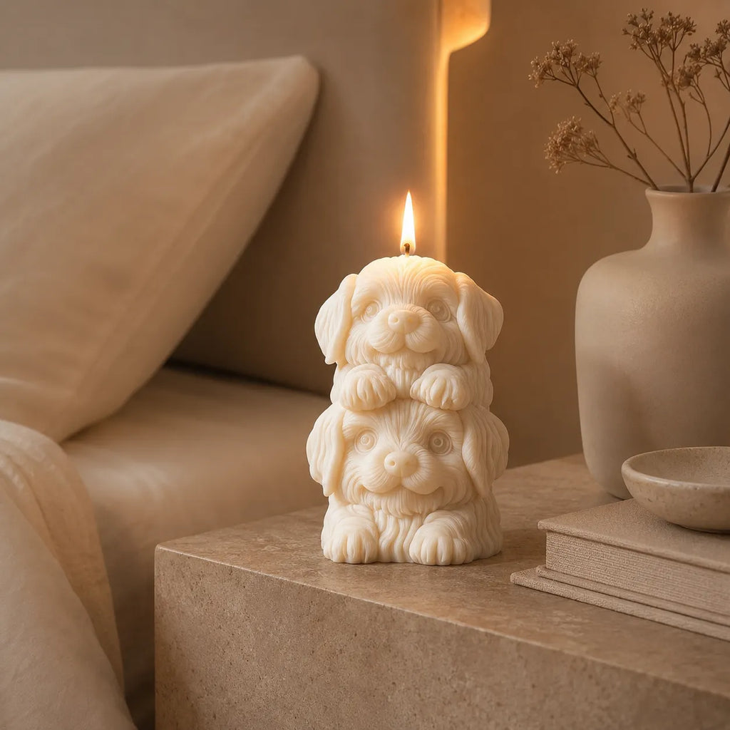 Decorative candle shaped like a stack of dogs on a table with a vase and books in the background.