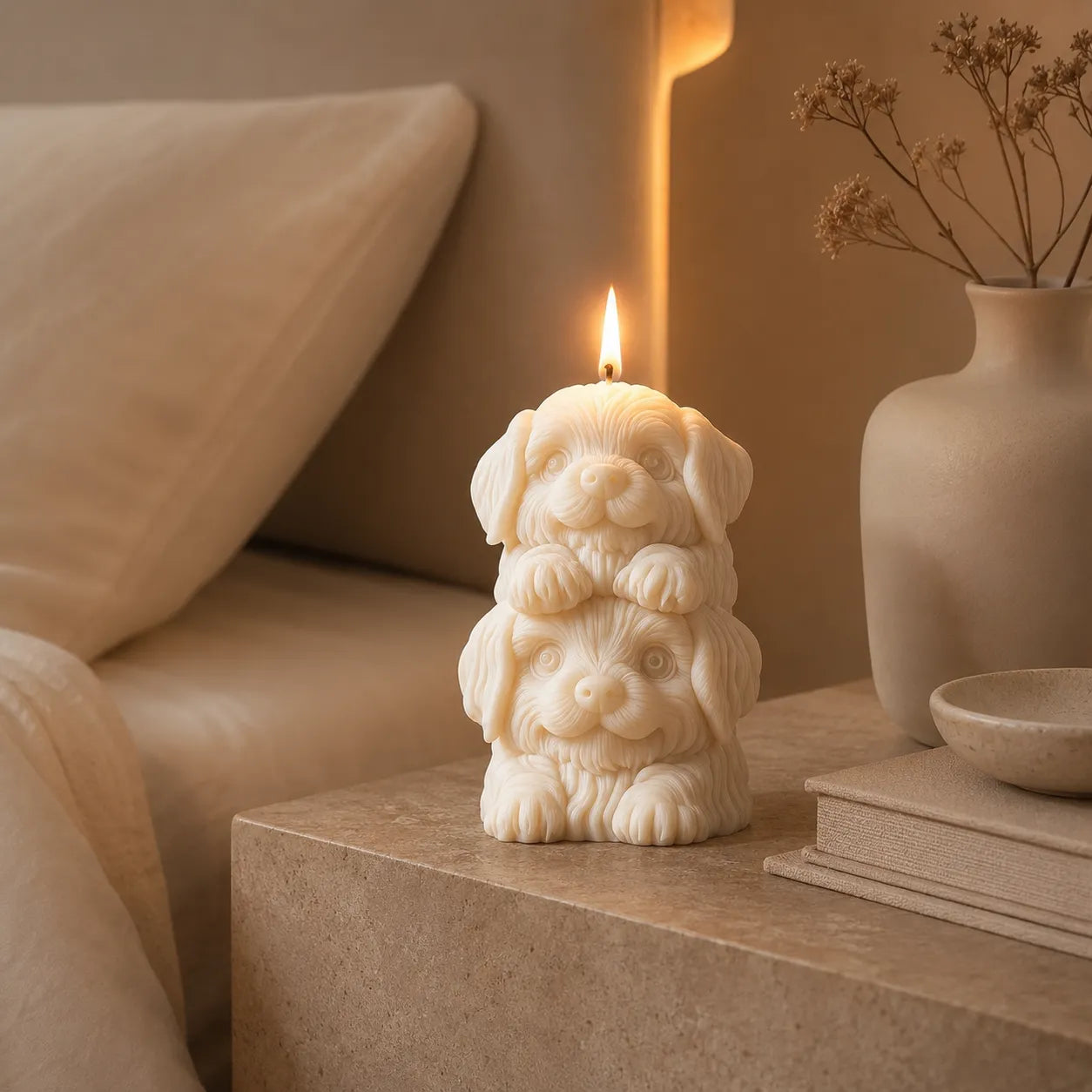 Decorative candle shaped like a stack of dogs on a table with a vase and books in the background.