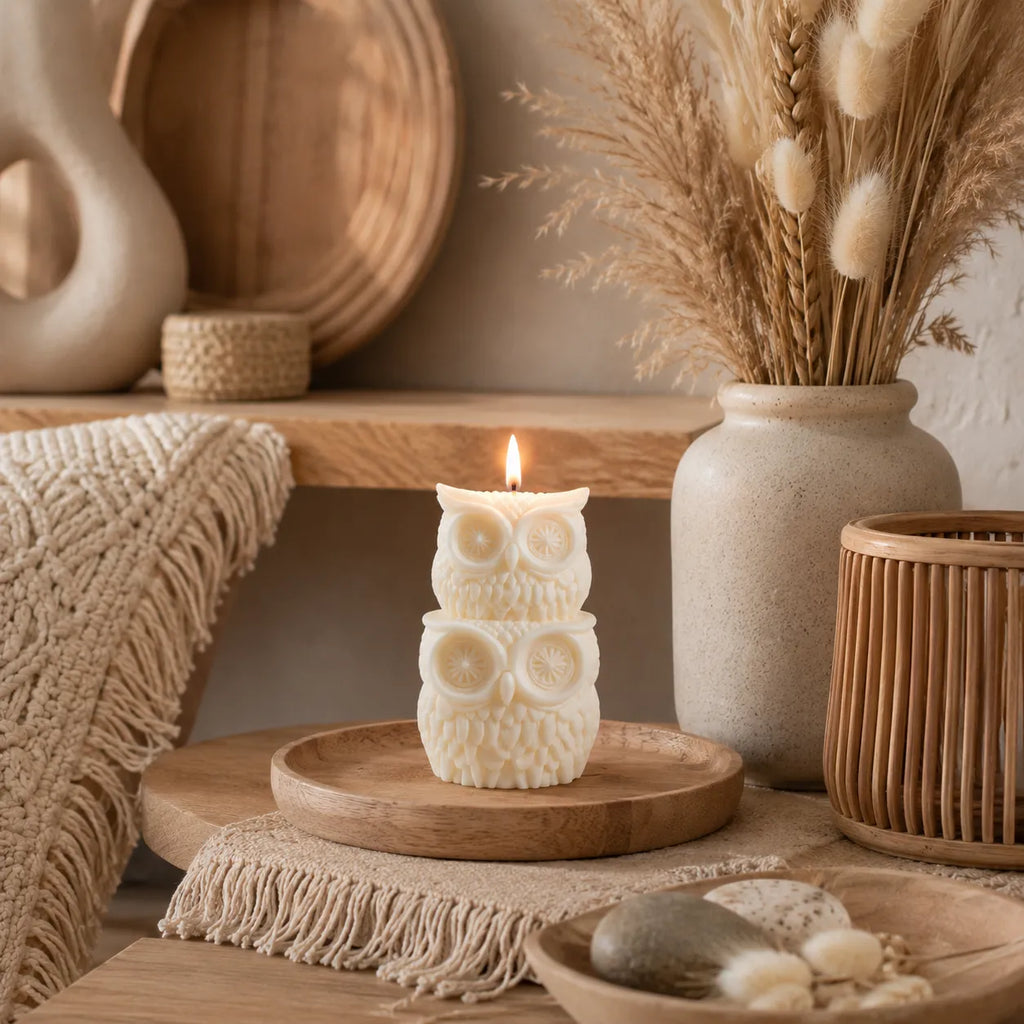 Owl-shaped candle on a wooden surface with decorative elements in a warm-toned setting