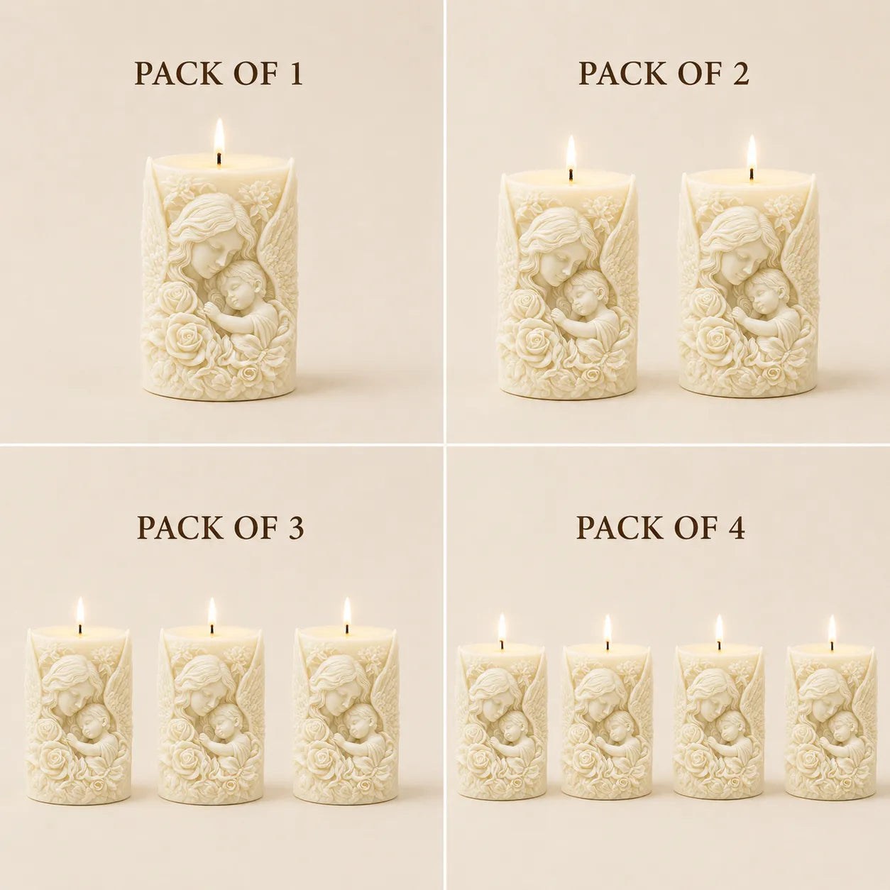 Set of embossed candles in various quantities on a beige background