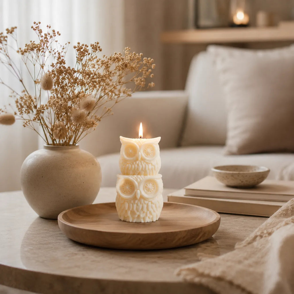 Candle shaped like an owl on a wooden plate with a vase of dried flowers and a book in the background.