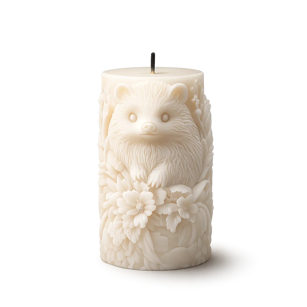 Decorative candle with a bear design on a white background