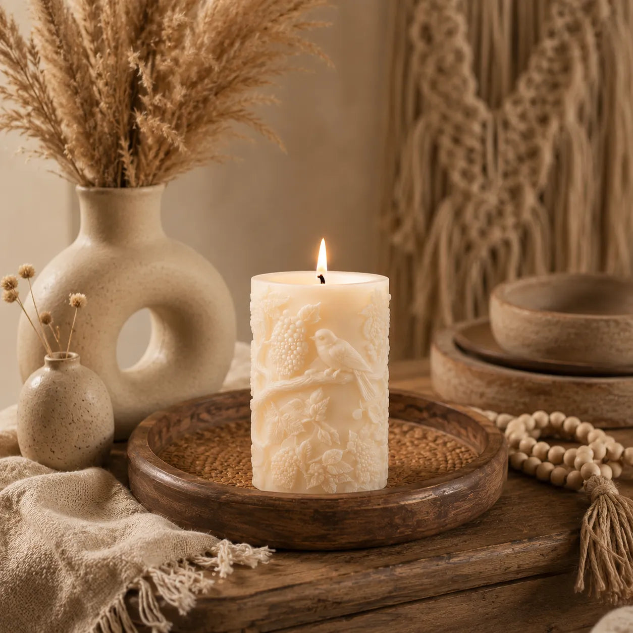 Candle with intricate design on a wooden tray, surrounded by decorative items including a vase with dried plants and bowls.