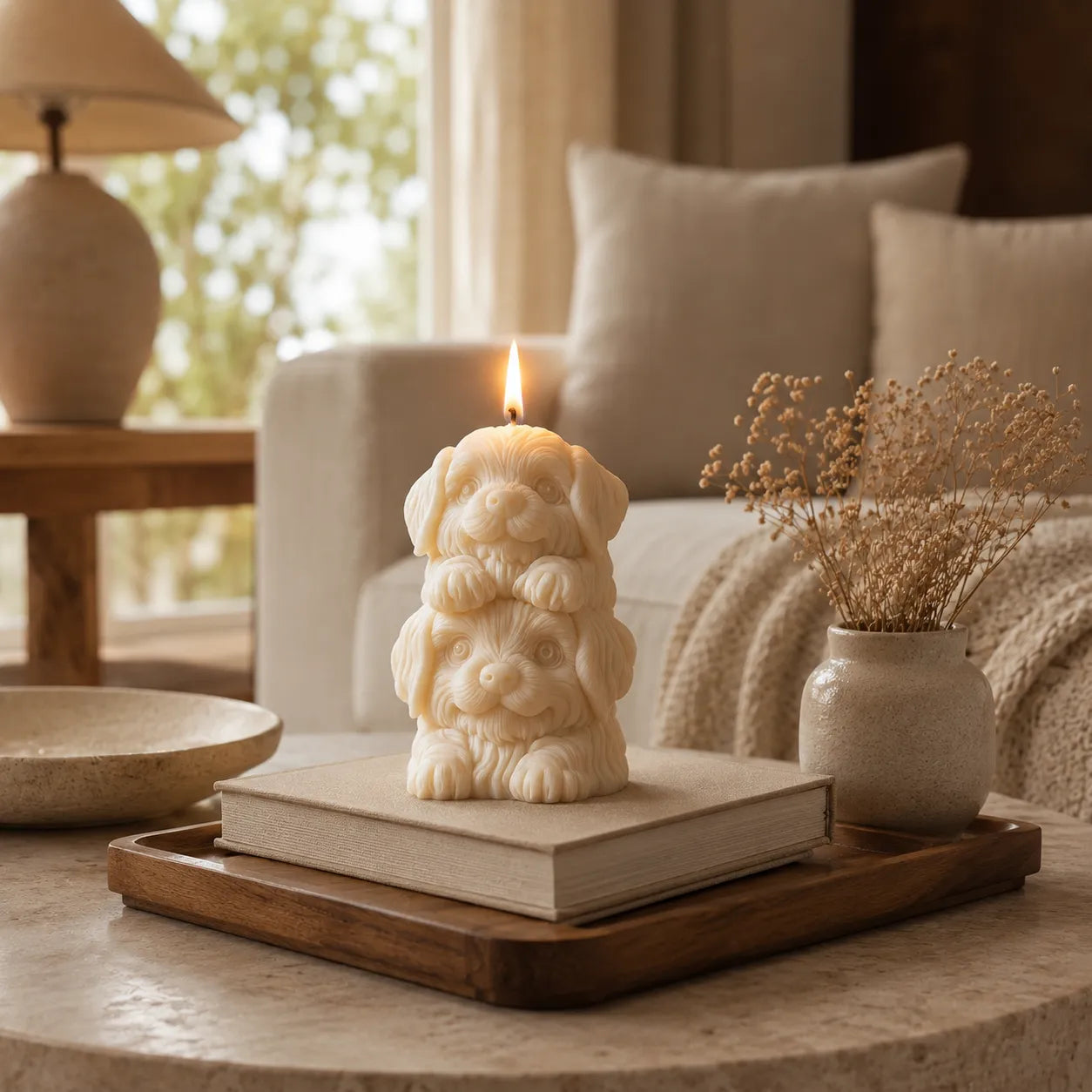 Candle shaped like a dog on a book with a blurred living room background