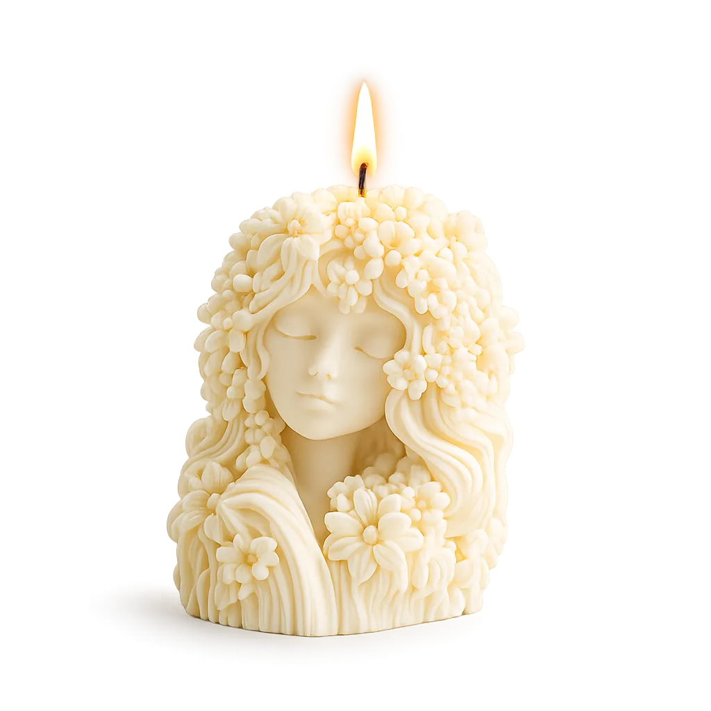Candle shaped like a woman's face with floral hair on a white background