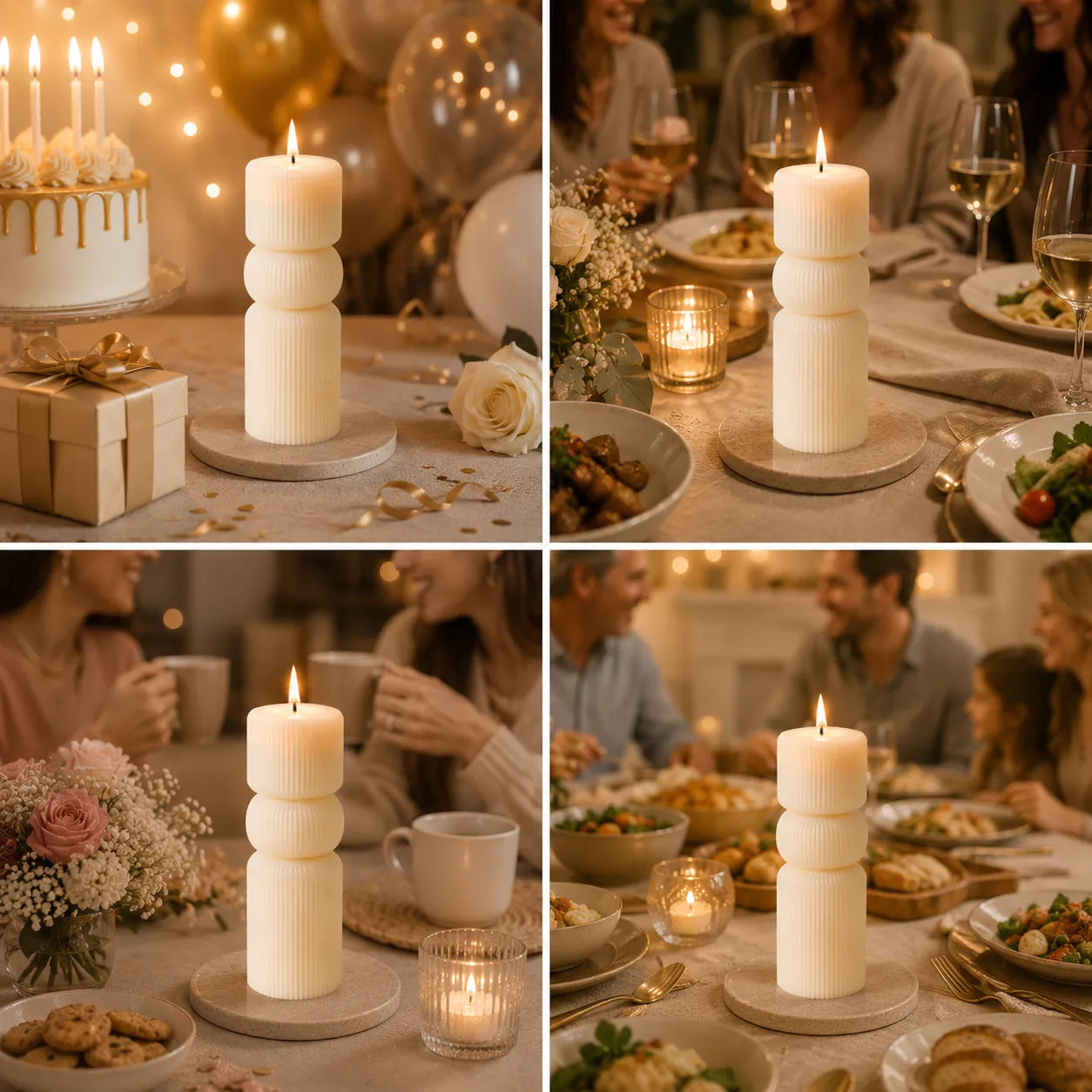 Collage of a festive dinner table with candles, cake, and people enjoying the meal.