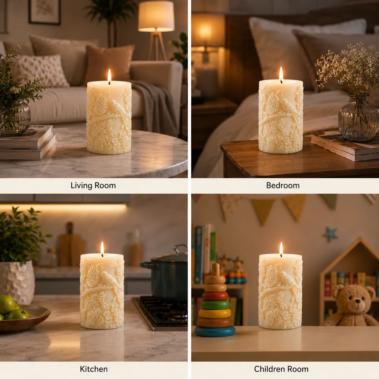 Candle with decorative design in various settings: living room, bedroom, kitchen, and children's room.