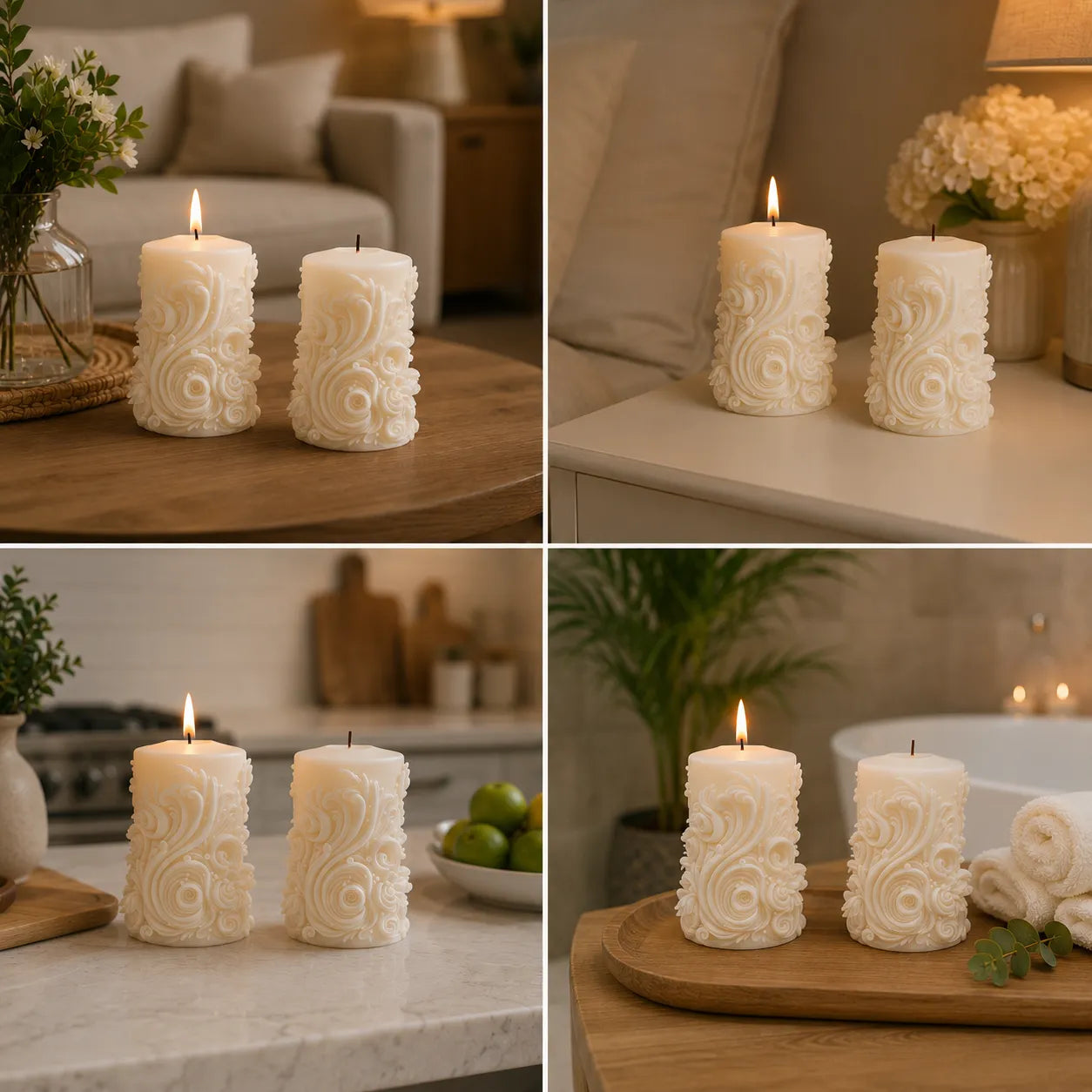 Decorative candles with intricate patterns in various settings including a living room and kitchen.