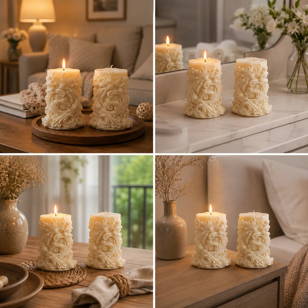Decorative candles with intricate designs in various settings