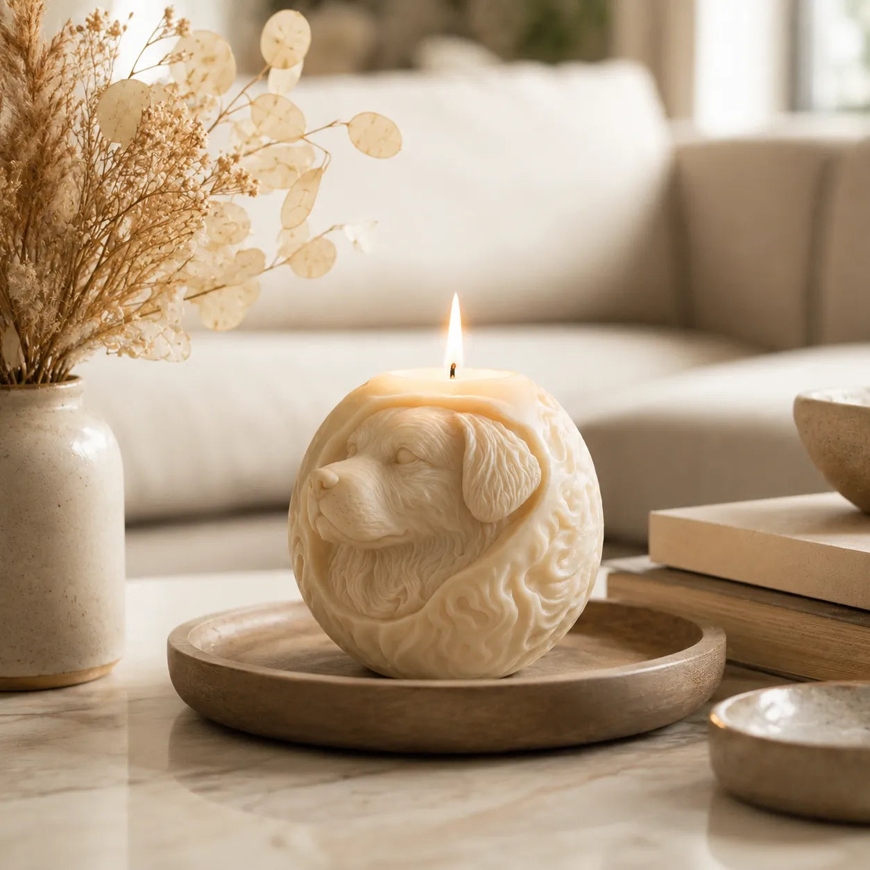 Decorative candle shaped like a dog's head on a marble surface with a blurred background