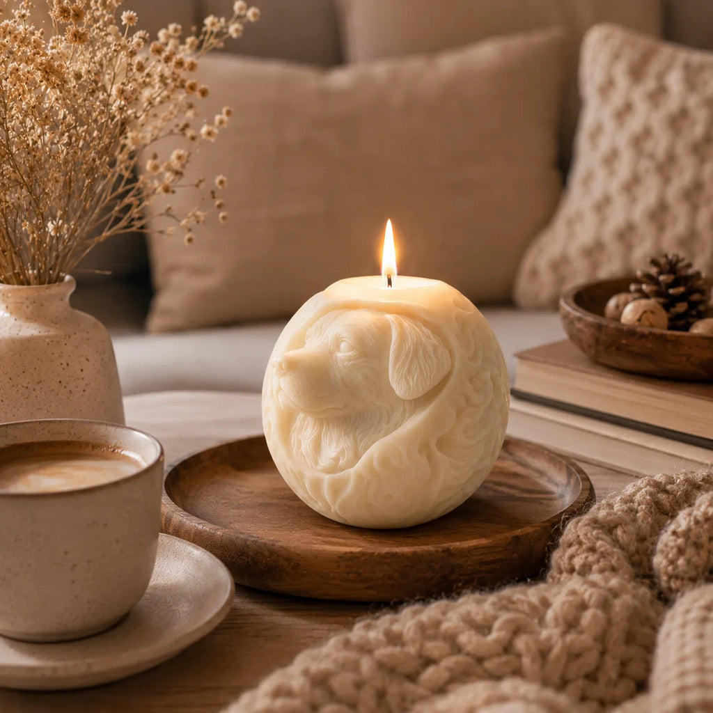 Candle shaped like a dog on a wooden coaster with a cup of coffee and decorative elements in the background.