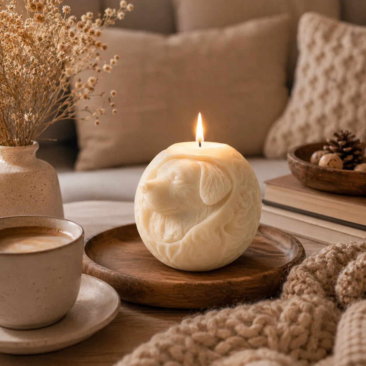 Candle shaped like a dog on a wooden coaster with a cup of coffee and decorative elements in the background.