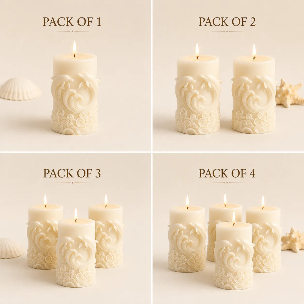 Set of embossed candles in various pack sizes on a neutral background.