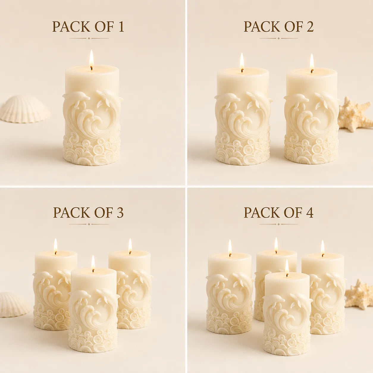 Set of embossed candles in various pack sizes on a neutral background.