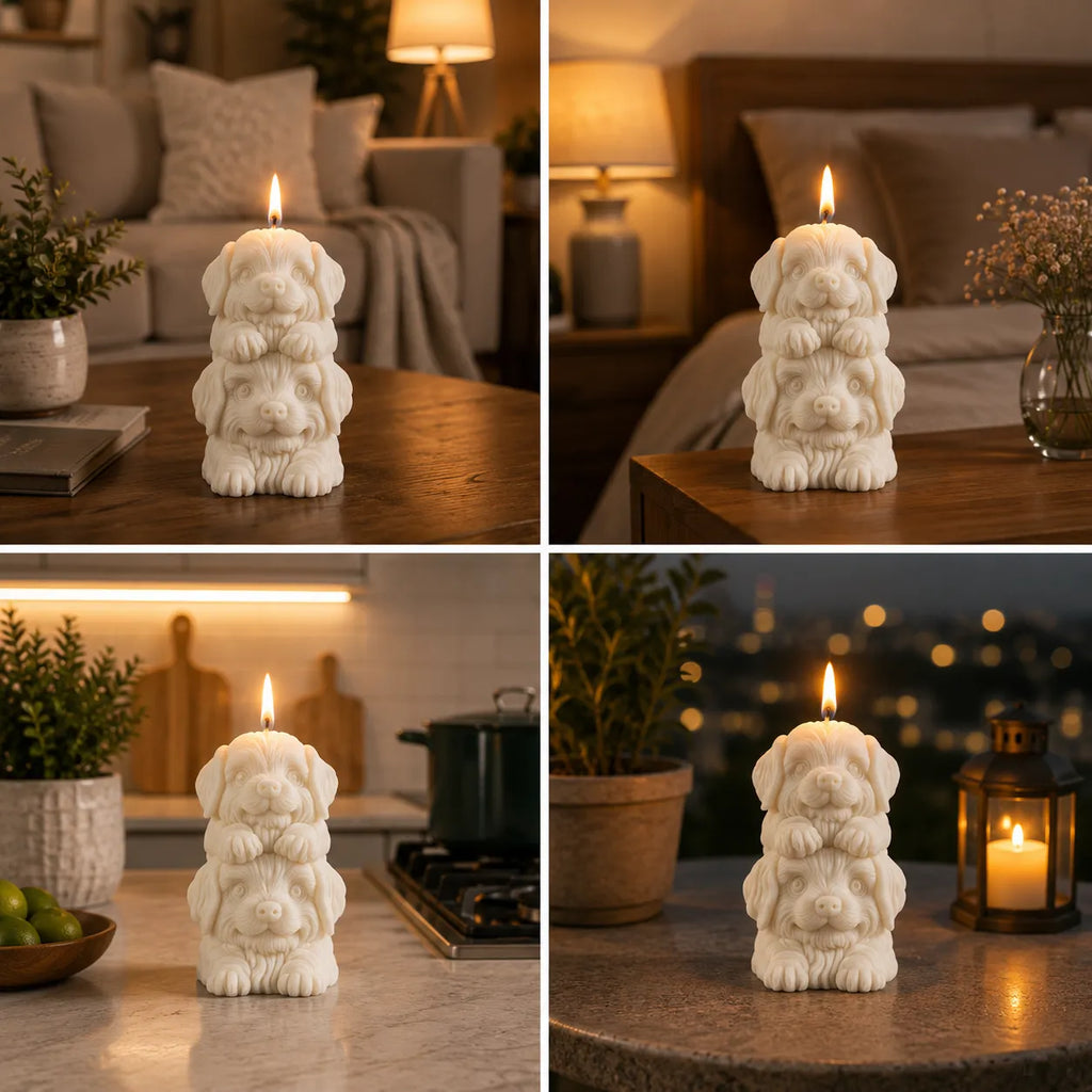 White dog-shaped candle in various indoor settings
