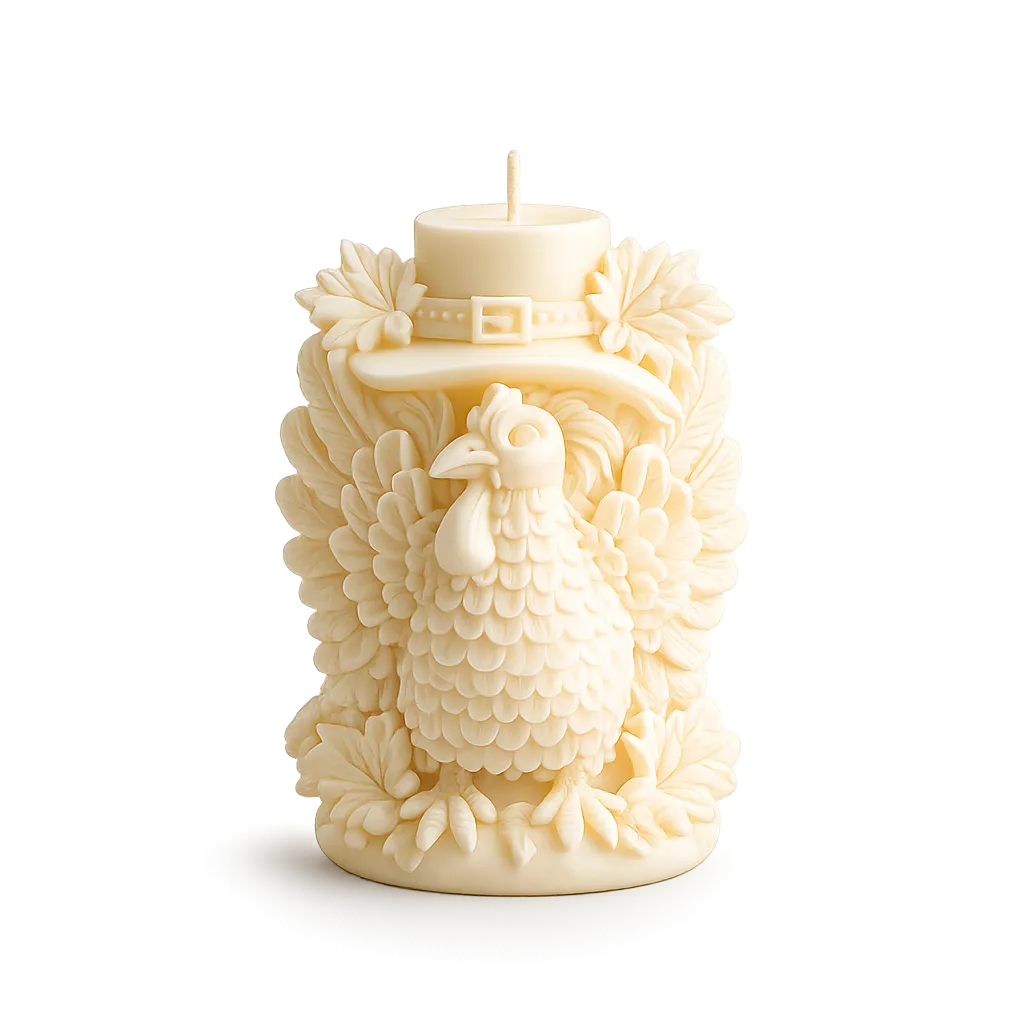 Decorative candle with a rooster design on a white background