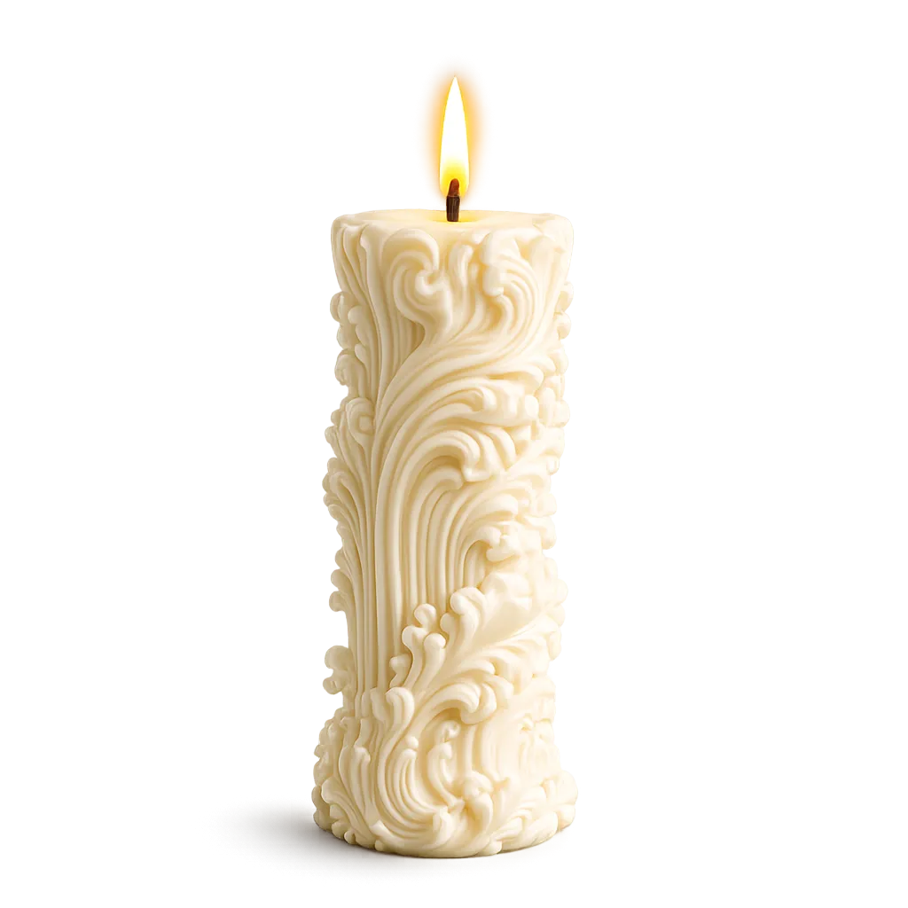 Decorative candle with intricate patterns on a white background