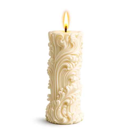 Decorative candle with intricate patterns on a white background
