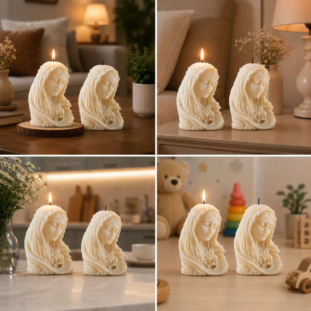 Four different settings with candle-shaped sculptures of faces on a wooden surface.