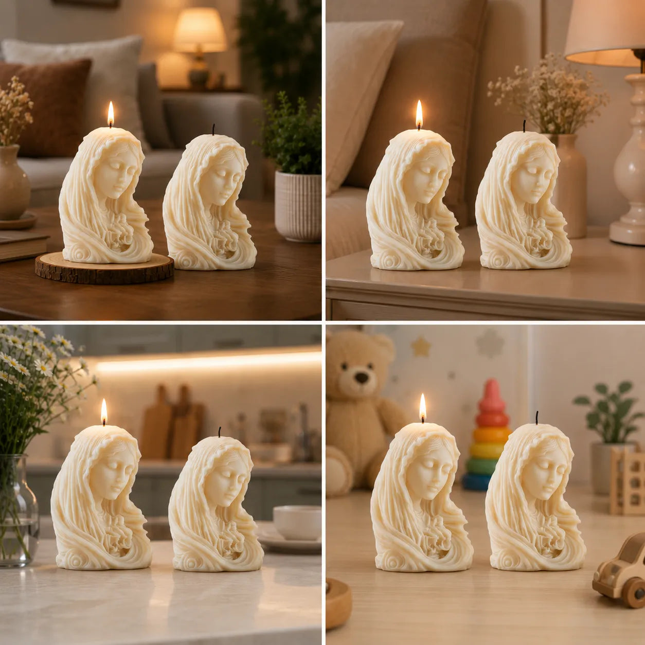 Four different settings with candle-shaped sculptures of faces on a wooden surface.