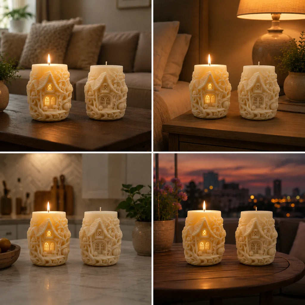 Collage of house-shaped candles in various settings including a living room, kitchen, and outdoor scene.