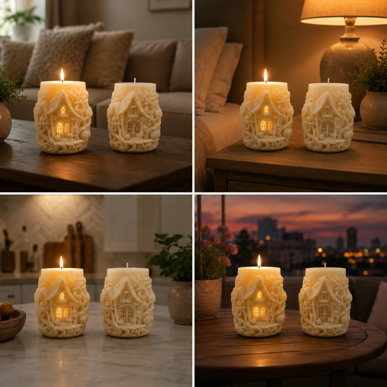 Collage of house-shaped candles in various settings including a living room, kitchen, and outdoor scene.