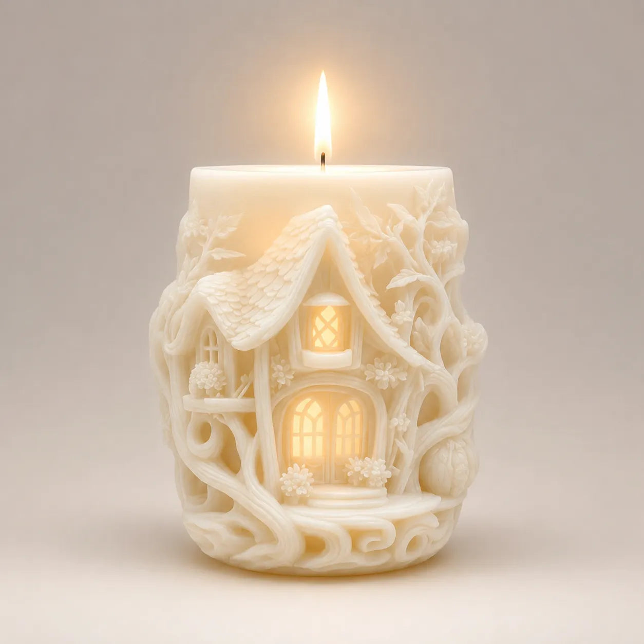 Decorative candle with a house design on a plain background