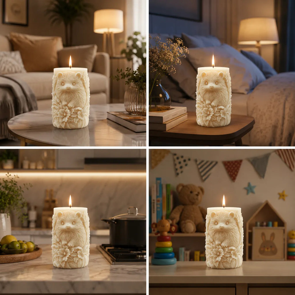 Collage of a bear-shaped candle in various settings