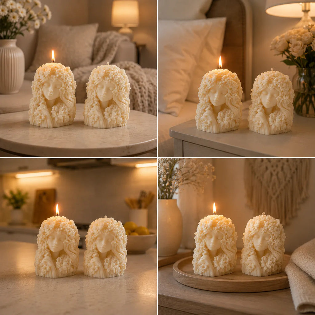 Collage of four images showing two decorative candles shaped like faces on a surface.