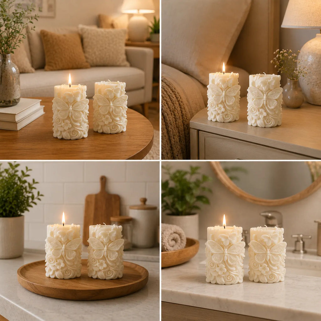 Decorative candles with floral patterns in various settings