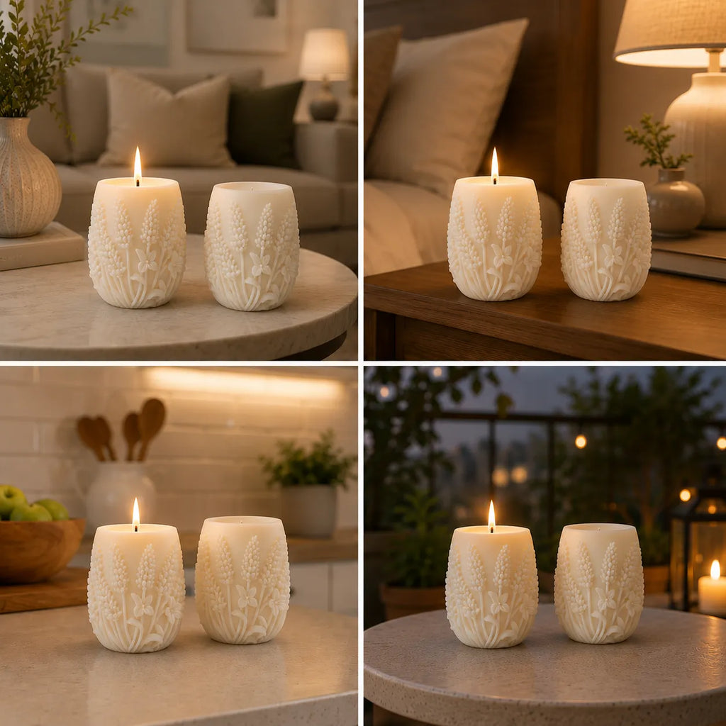 Collage of four scenes featuring textured candles on a table with a warm ambiance.