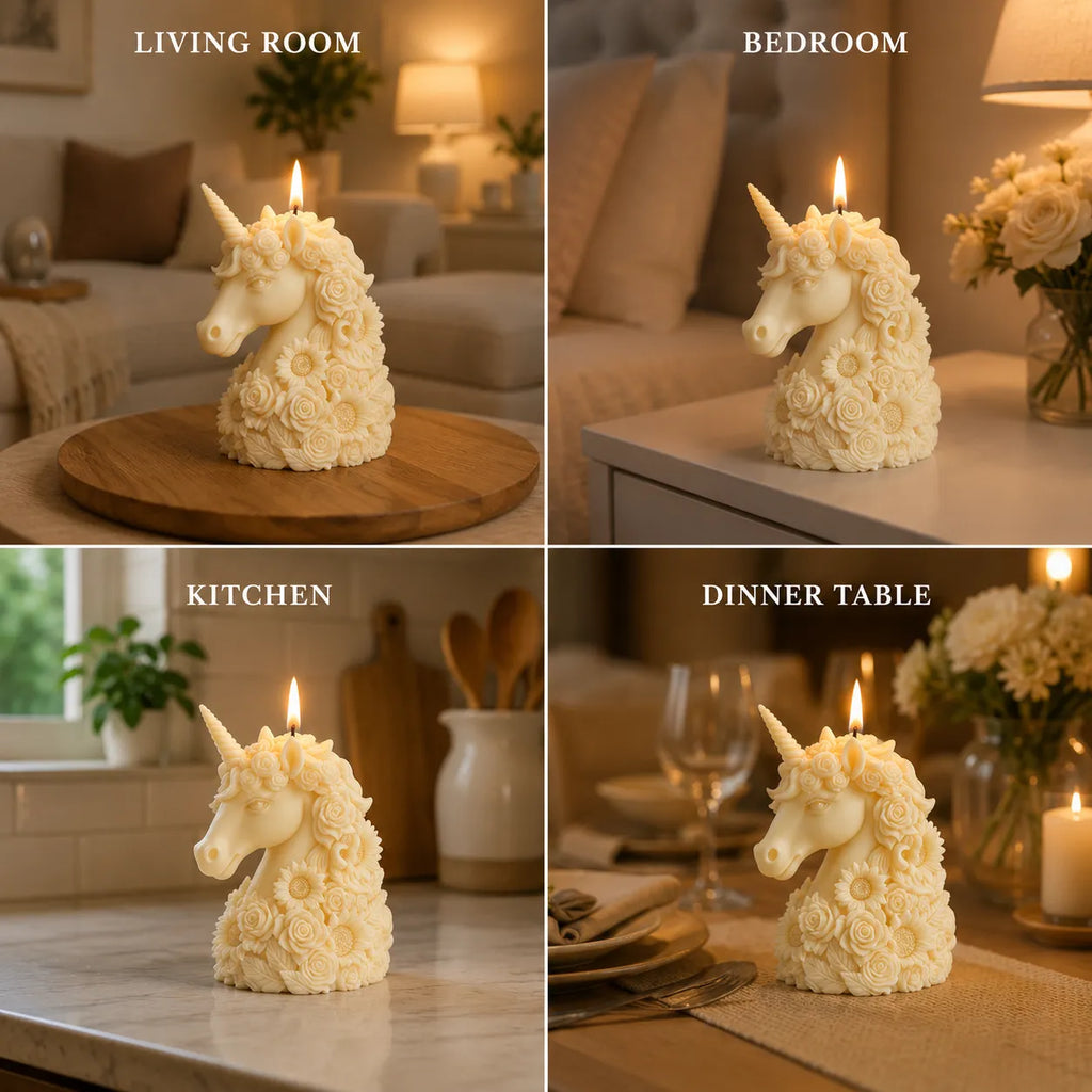 Unicorn-shaped candle in various settings including living room, bedroom, kitchen, and dinner table.