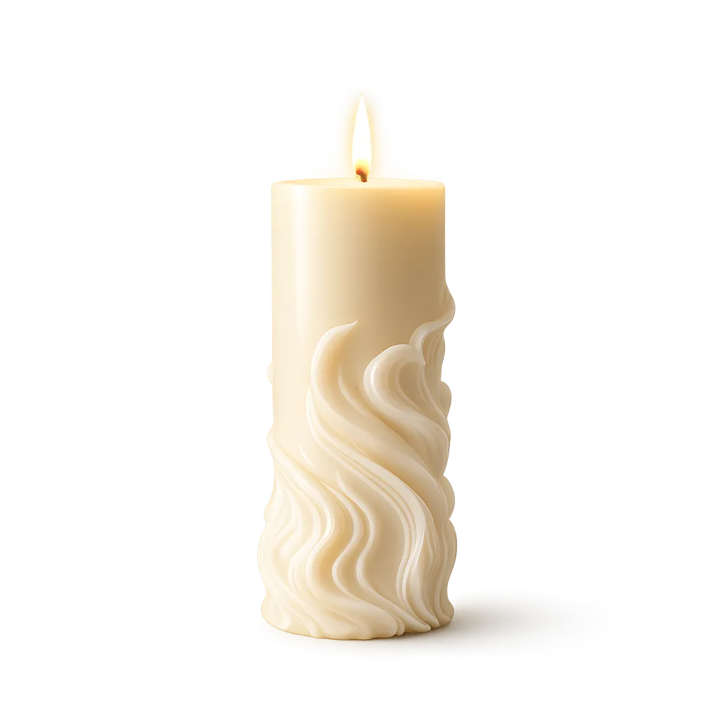 White wavy-textured candle on a white background