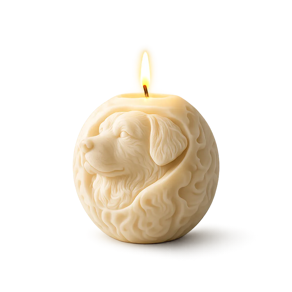 Candle shaped like a dog's head with a lit wick on a white background