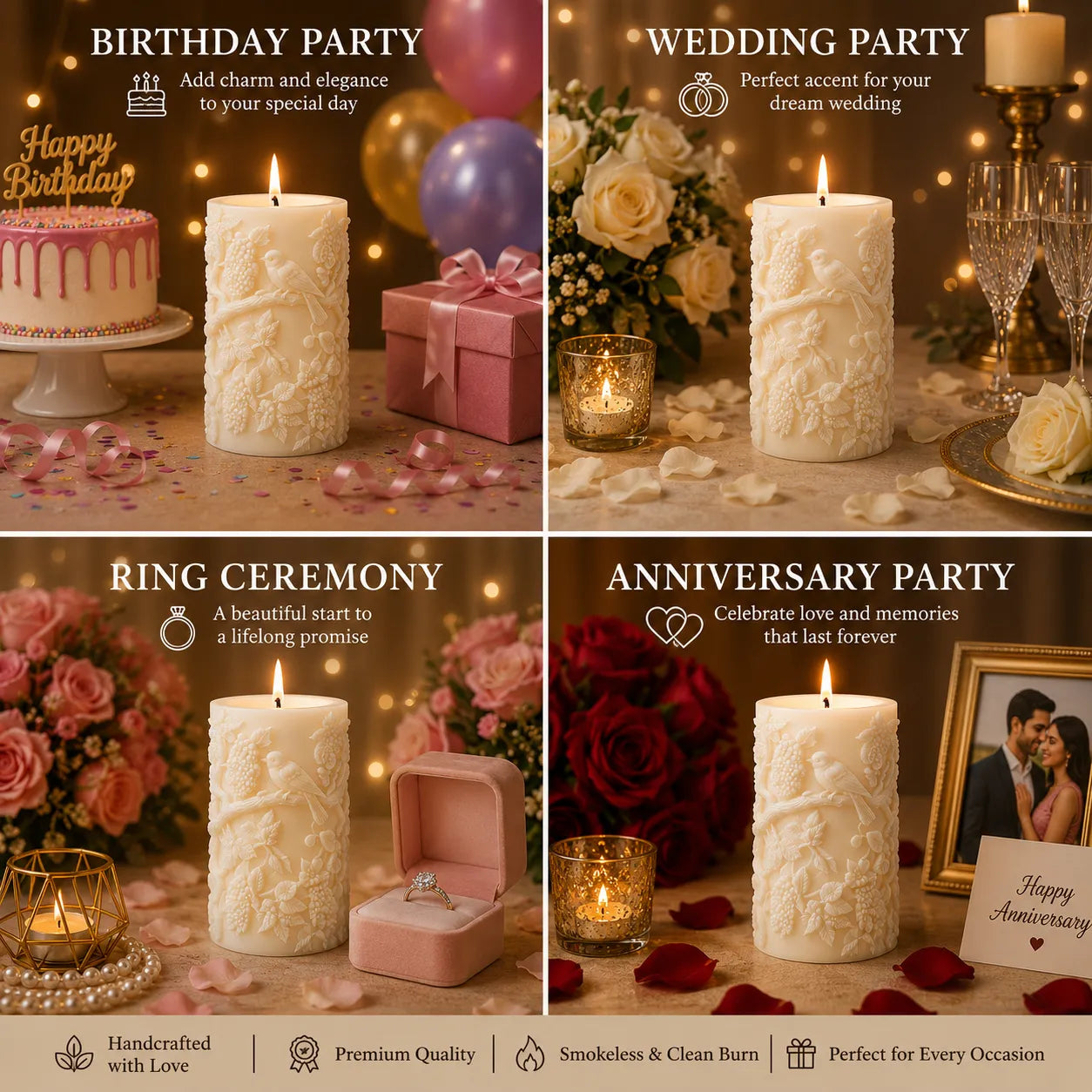 Decorative candles with romantic settings for birthday, wedding, ring ceremony, and anniversary parties.