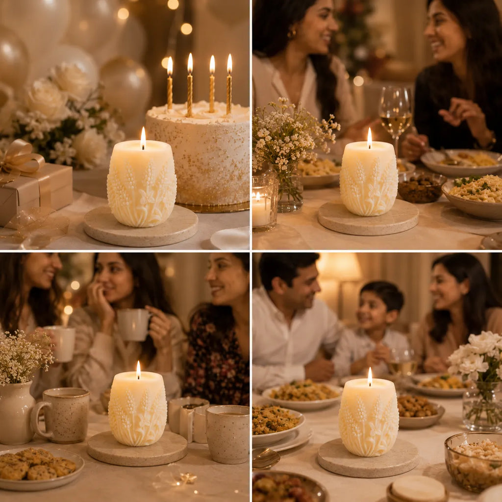 Collage of a festive dinner scene with candles and people enjoying their time together.