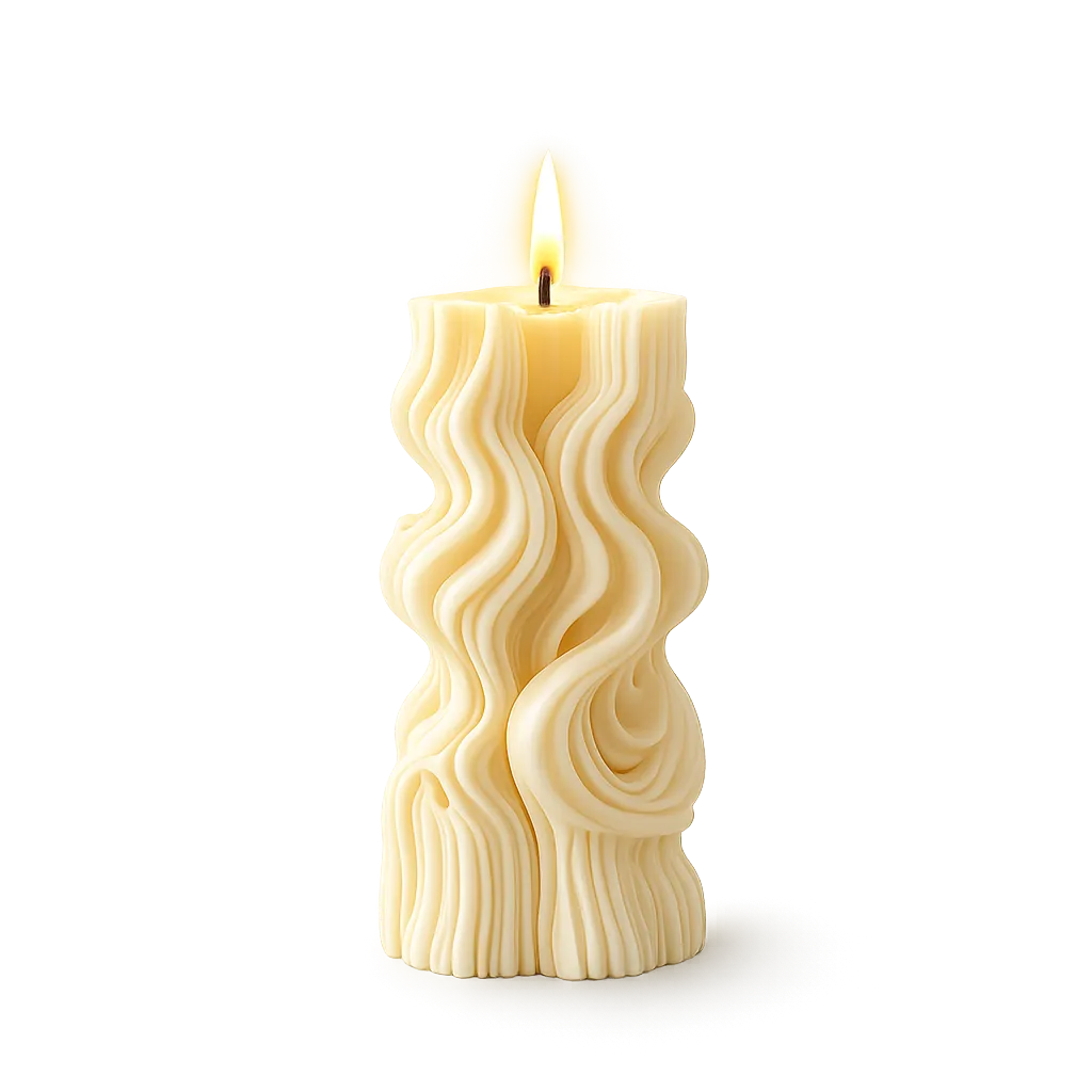 Wavy-patterned candle on a white background
