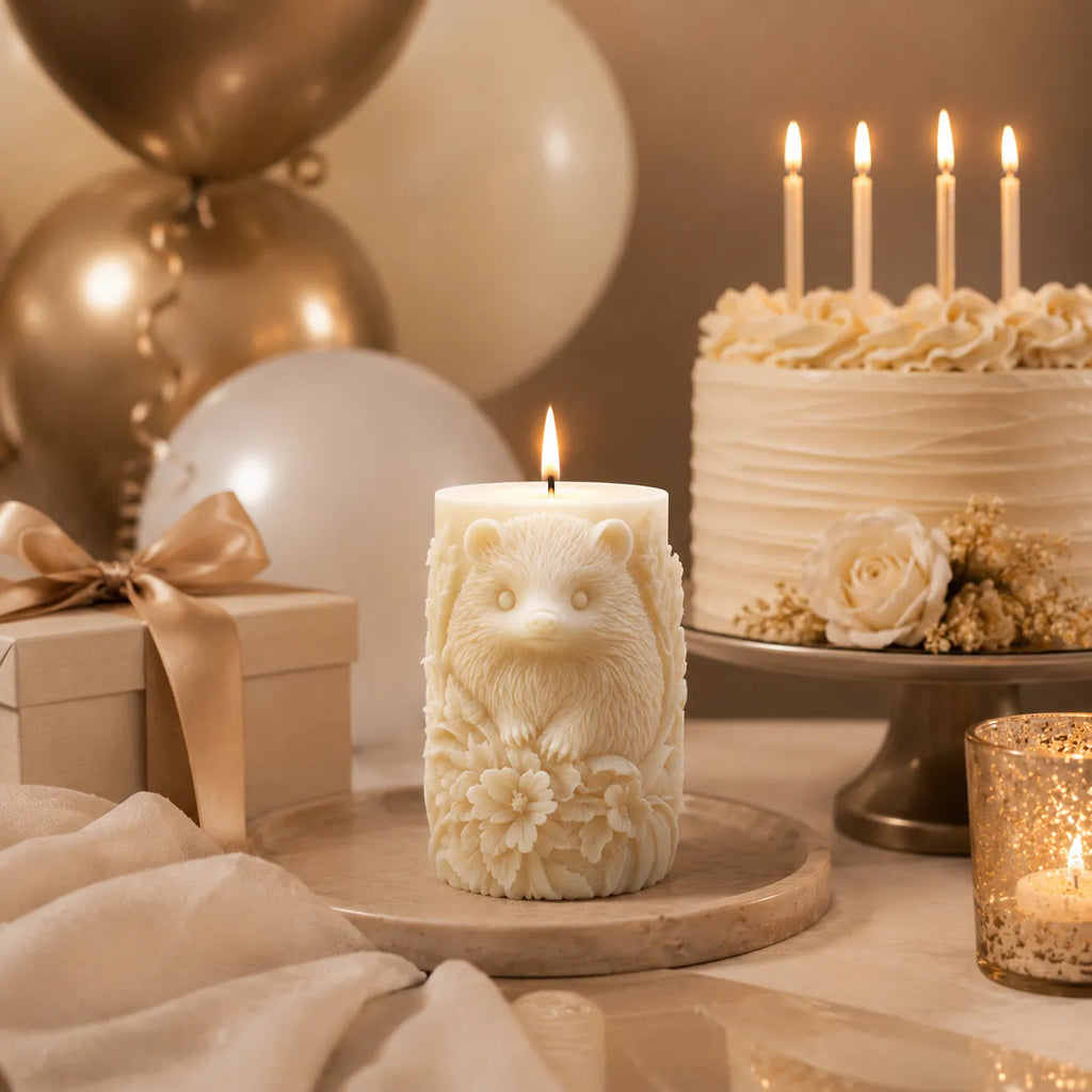 Decorative candle with bear design, cake, and balloons in a celebratory setting.